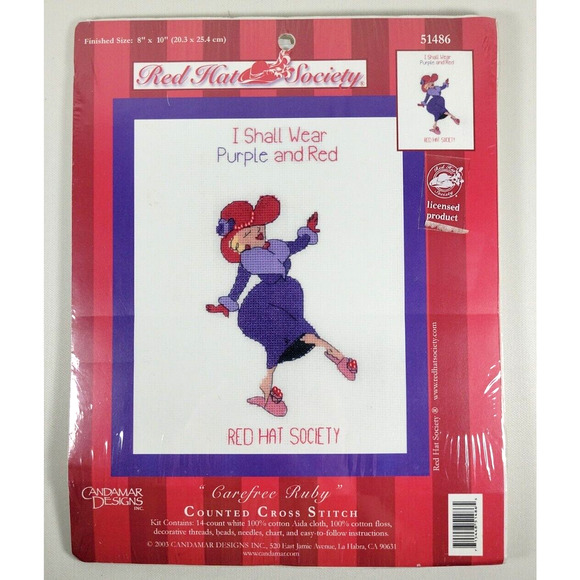 VTG Candamar Cross Stitch Kit Red Hat Society Carefree Ruby Red Purple 8x10 NEW - Picture 1 of 4